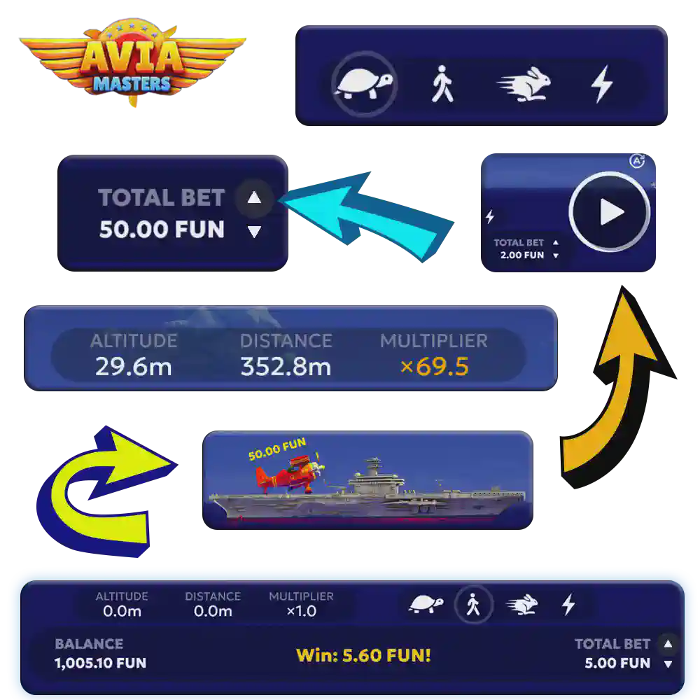 In-game screenshot of Aviamasters showing off multipliers and rockets.